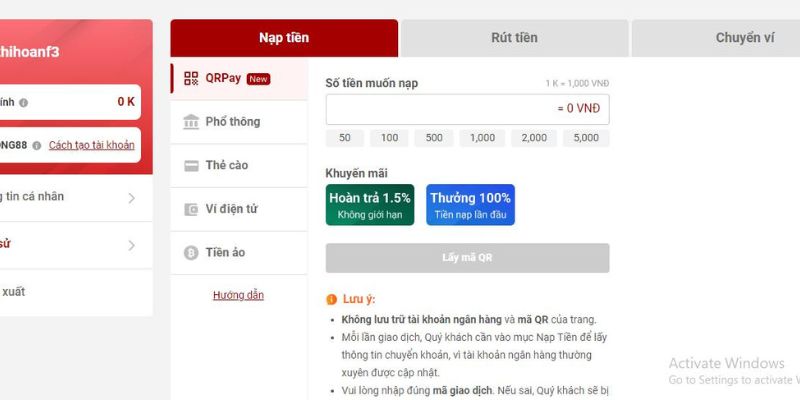 Nạp tiền vào hệ thống để hoàn tất đăng ký Mibet cho mình